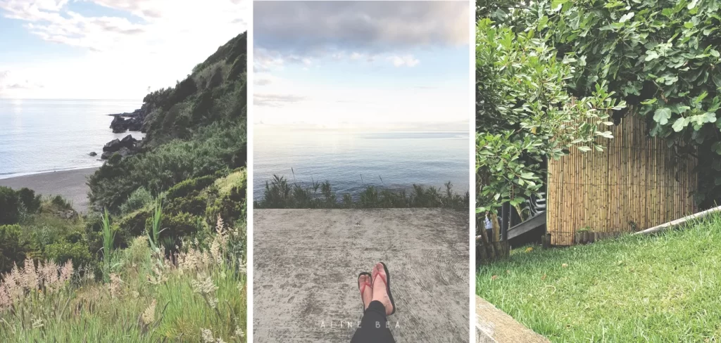 Three-images-beach-São-Miguel-Island-rooftop-view-bamboo-wall-Azores-workaway-Aline-Bea