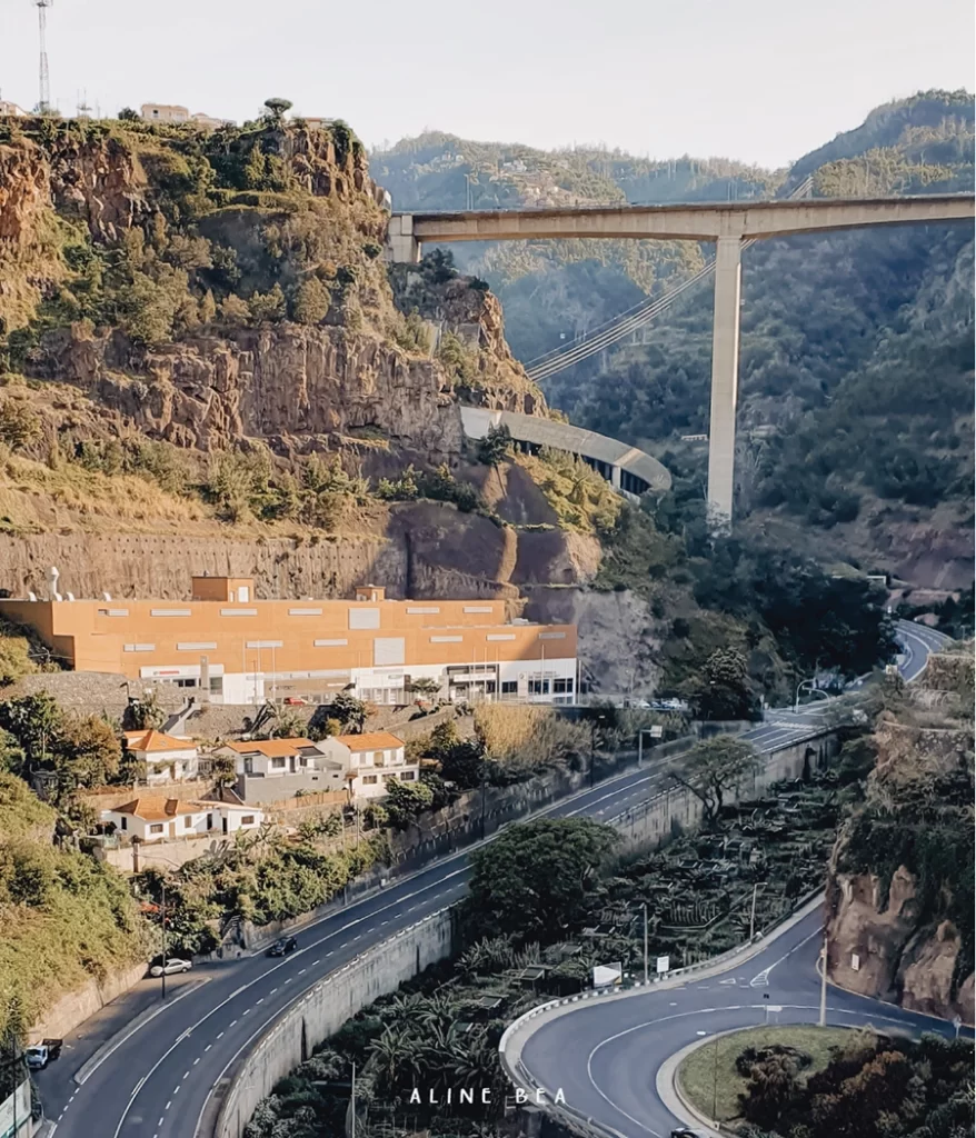 Highways, roads, elevated highways, tunnels and cable cars on a mountainous landscape