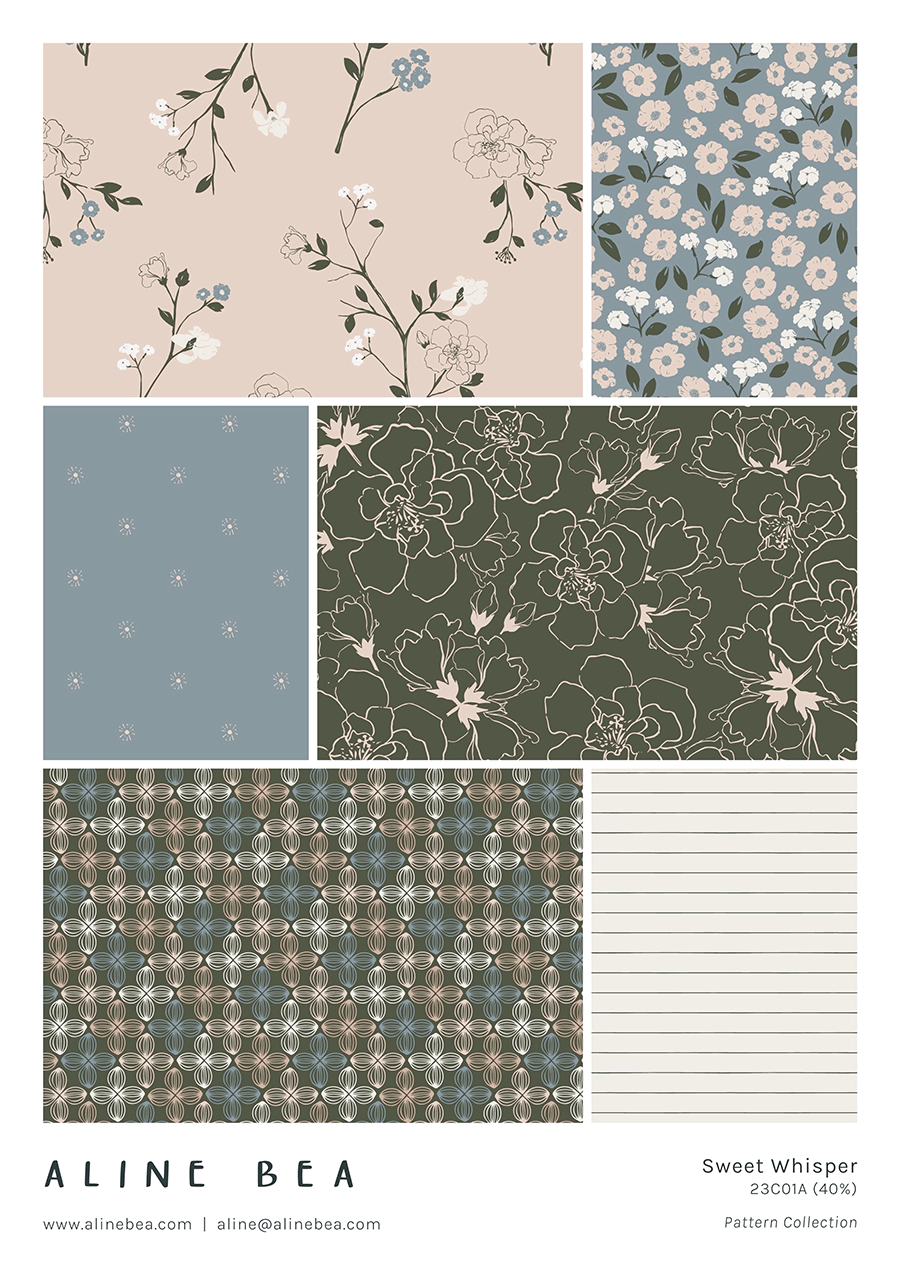 Set of floral pattern designs that compose Sweet Whisper collection by Aline Bea