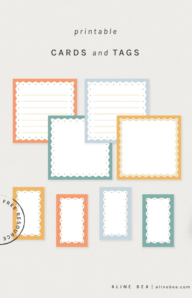 Cards and tags with colorful design resembling waves all around their margins.