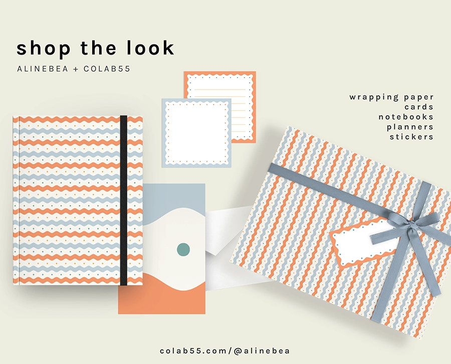 Stationery set composed by a notebook with a colorful pattern in the cover, a gif box wrapped on a wrapping paper with the same pattern, a matching greeting card, and the printable notecards and tags. The set is over a clean background.