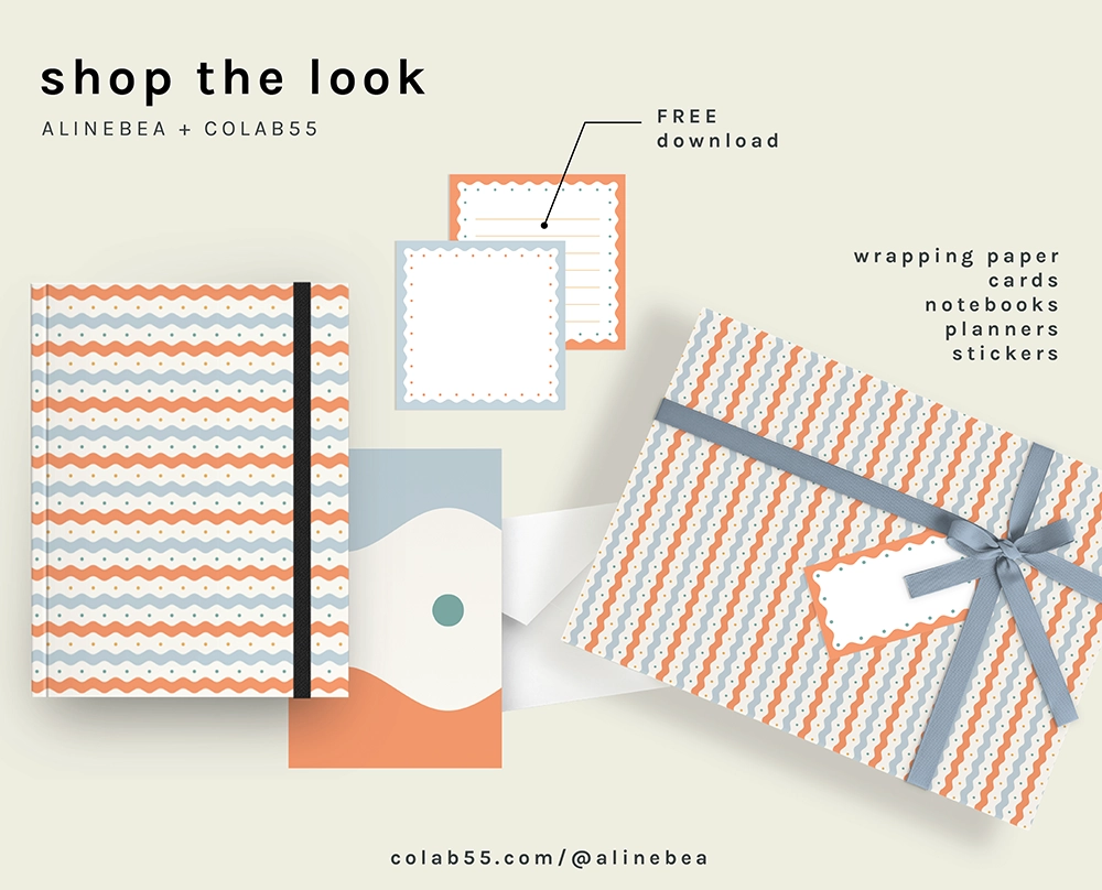 Stationery set composed by a notebook with a colorful pattern in the cover, a gif box wrapped on a wrapping paper with the same pattern, a matching greeting card, and the printable notecards and tags. The set is over a clean background.