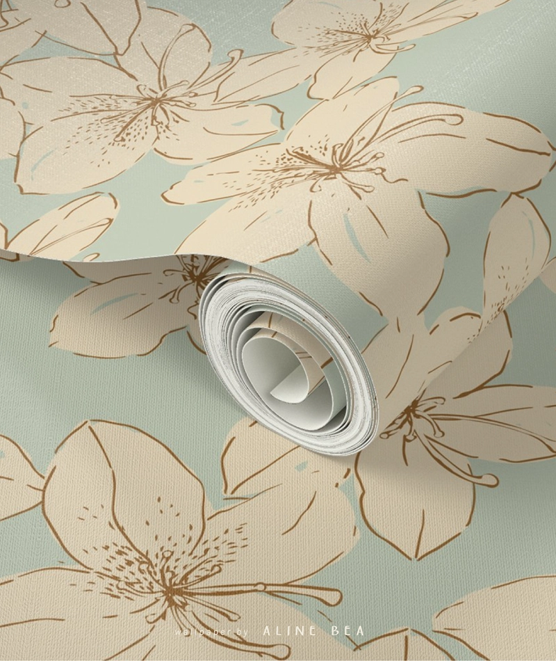 Wallpaper roll with tossed azalea flowers hand drawn by Aline Bea.