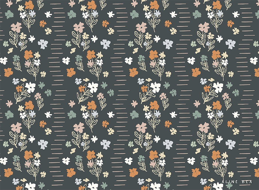 Pattern design displaying tiny flowers, with steams and leaves in a wavy composition, by Aline Bea.