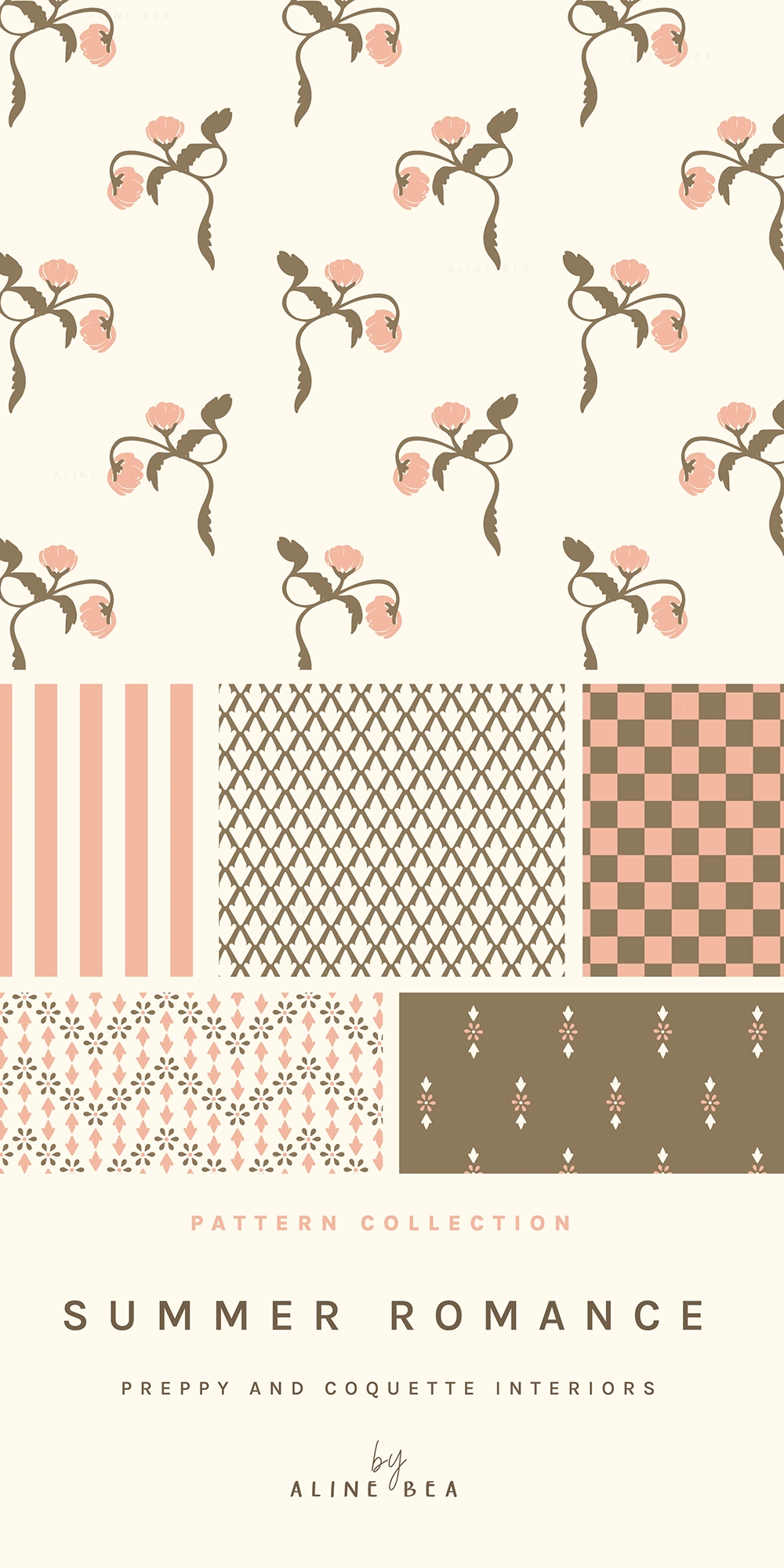 Florals, stripes and checks pattern designs that compose the Summer Romance pattern collection by Aline Bea