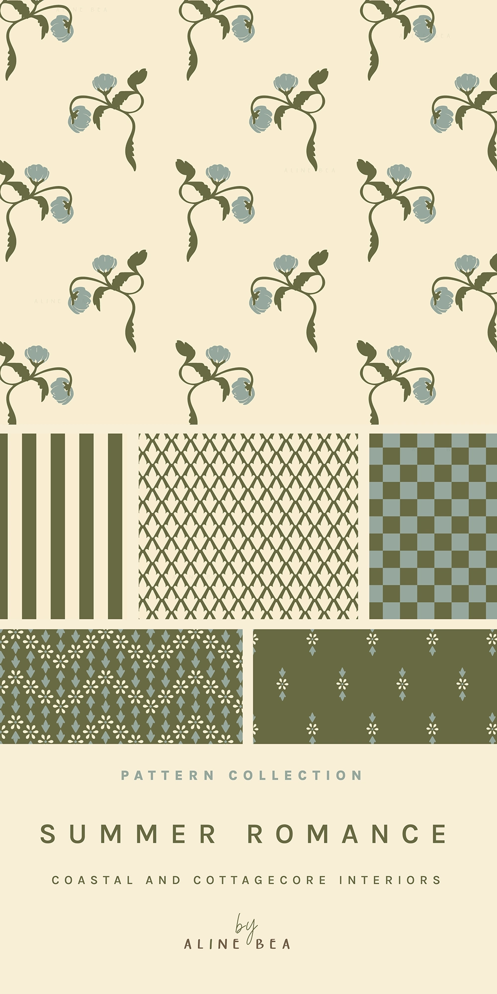 Florals, stripes and checks pattern designs that compose the Summer Romance pattern collection by Aline Bea