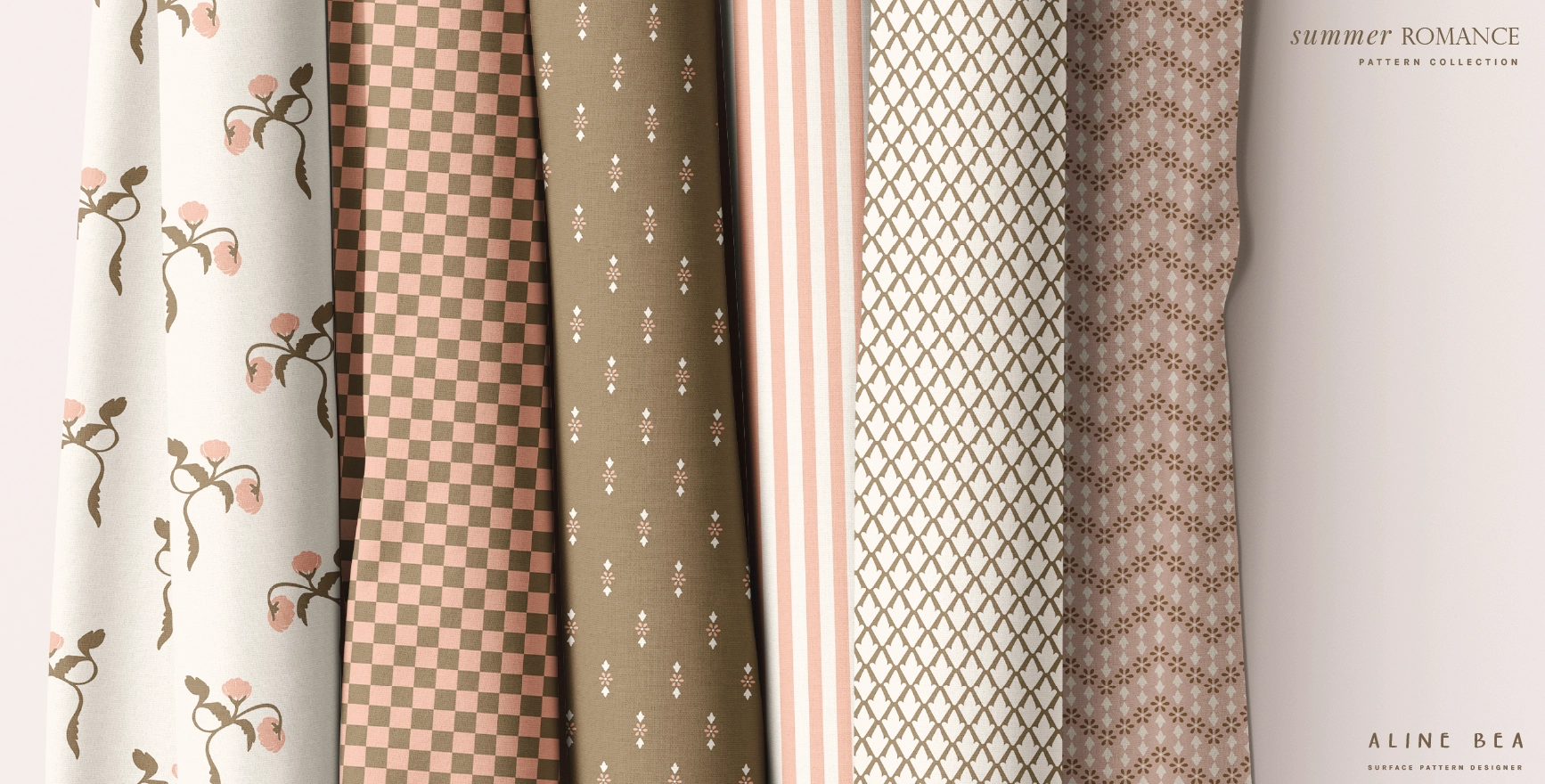 Fabric rolls displaying Aline Bea's designs from Summer Romance Collection. From left to right: a floral fabric, a checkered fabric, a minimalist floral, a striped fabric, a geometric fabric and a zig zag floral.