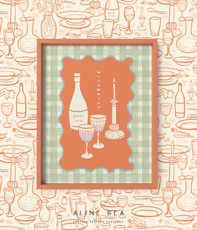 Framed art print with a hand-drawn wine bottle, drinking glasses and a candle, in the middle capitalized words: Celebrate. The border is a gingham pattern in an scallop delimitation. The wall has a wallpaper with a design displaying beverage bottles, plates, glasses, cutlery, used napkins and other utensils, like if it was a messy table after a dinner party.