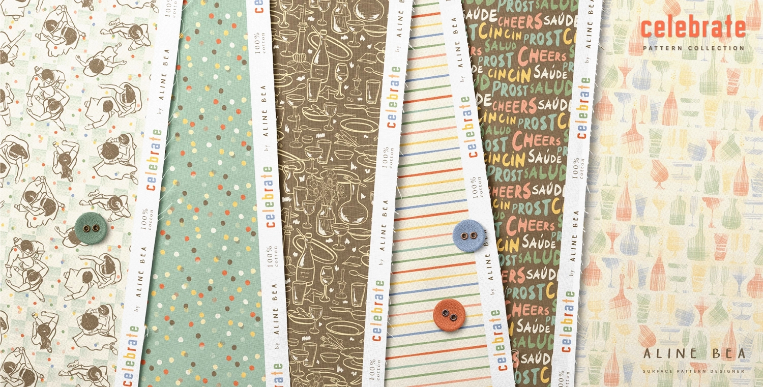 Set of folded fabric with Celebrate collection's patterns by Aline Bea