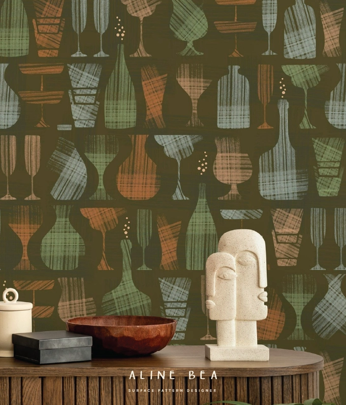 wallpaper with textured hand painted beverage bottles and drinking glasses in various shapes, sizes and colors. The background is dark, artwork is lighter.