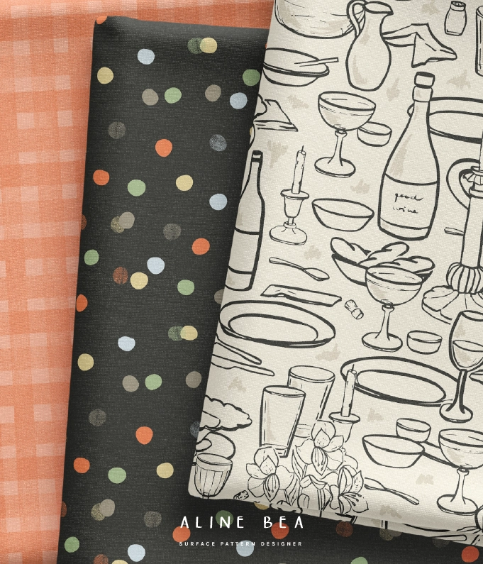 Set of three matching fabric designs. The bottom is a gingham design, the middle a polka dot, the top one features beverage bottles, drinking glasses, plates, napkins, and other dinnerware.