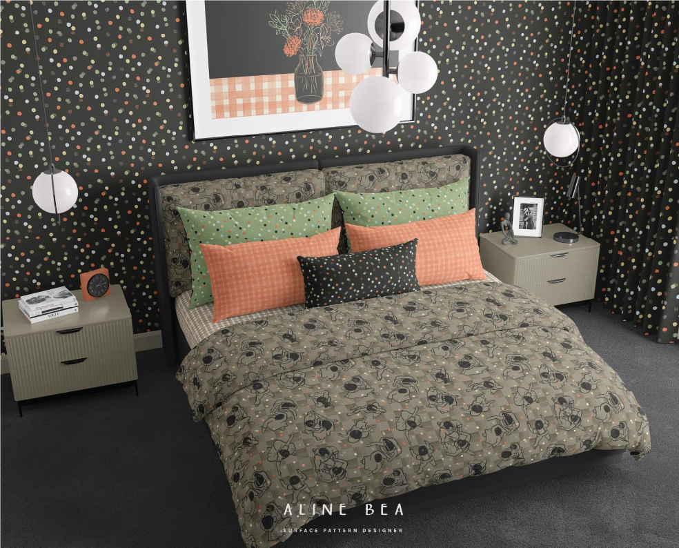 Bedroom scene with bedding set displaying Celebrate pattern collection.