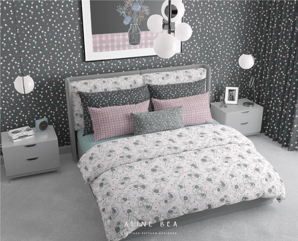 Bedroom scene with bedding set displaying Celebrate pattern collection.