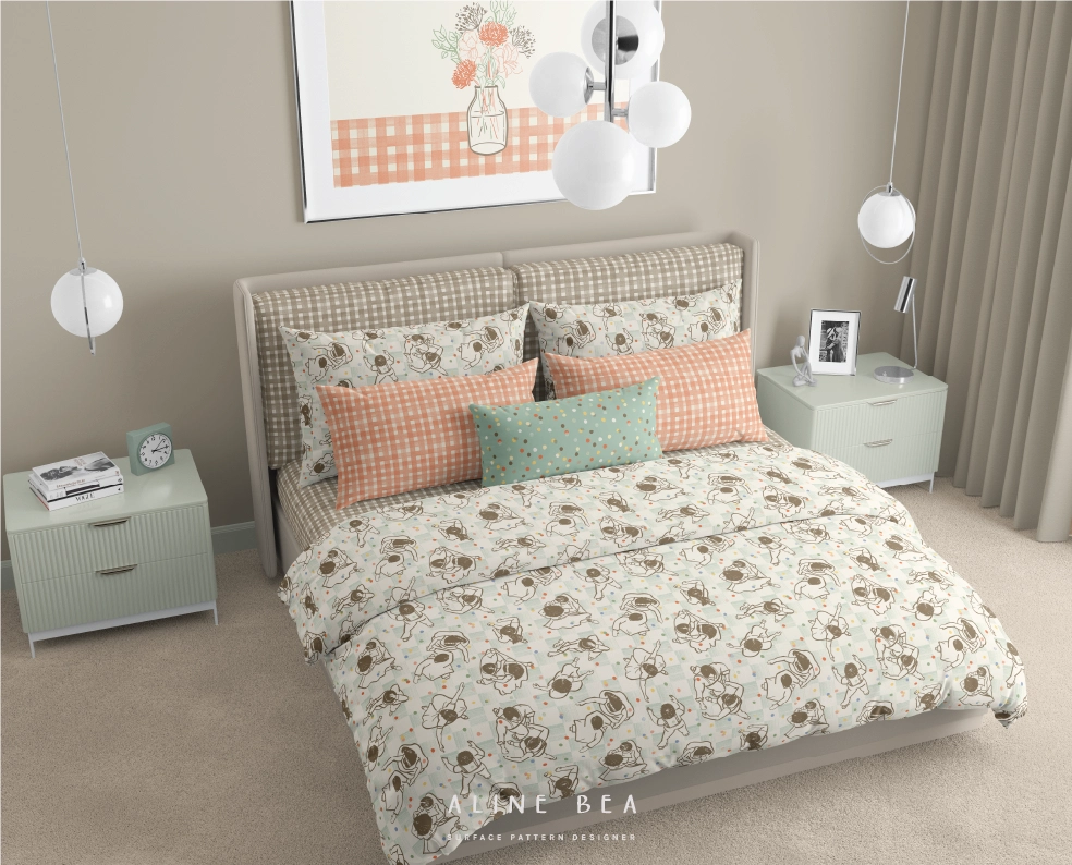 Bedroom scene with bedding set displaying Celebrate pattern collection.