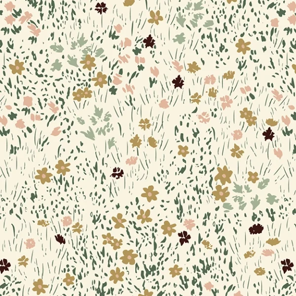 Expressive hand-painted wildflower field pattern design by Aline Bea in earthy colors.