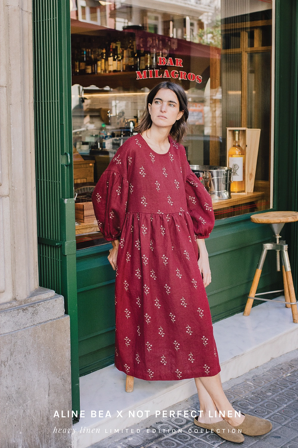 Model-wearing-idyllic-burgundy-heavy-linen-winter-dress-from-Aline-Bea-x-Not-Perfect-Linen-collaboration