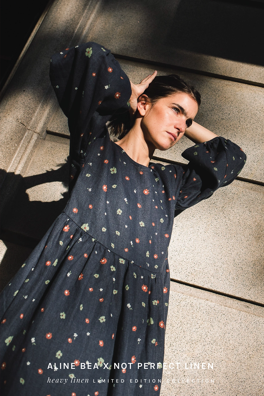 Model-wearing-heavy-linen-winter-dress-from-Aline-Bea-x-Not-Perfect-Linen-collaboration