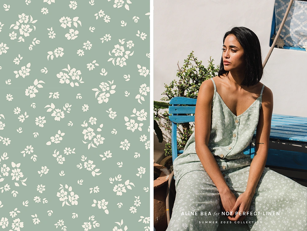 Model-wearing-linen-dress-by-not-perfect-linen-with-Aline-Beas-sage-bloom-floral-pattern-on