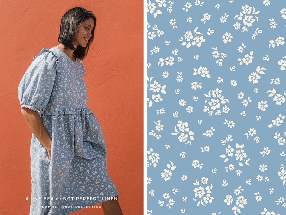 Model-wearing-linen-dress-with-by-not-perfect-linen-with-Aline-Beas-Azzure-bloom-floral-pattern-on
