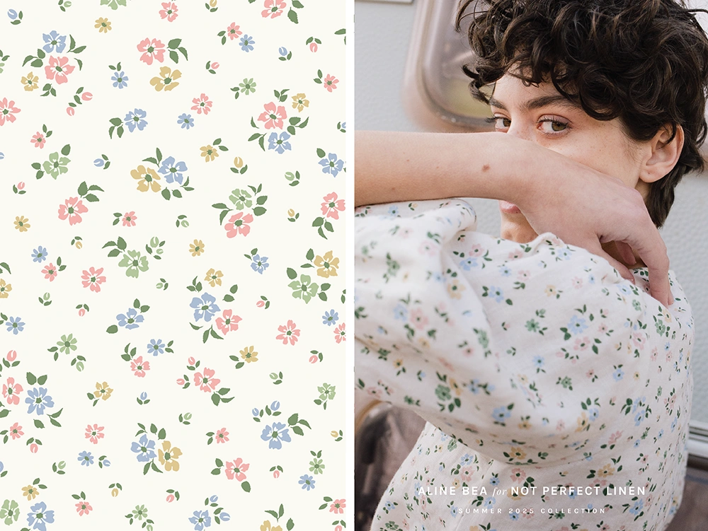 Model-wearing-linen-top-with-puff-sleeves-by-not-perfect-linen-with-Aline-Beas-Antique-Patels-floral-pattern-on