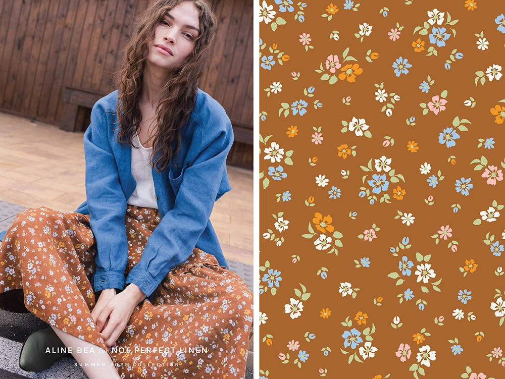 Model-wearing-the-Rustic-Bloom-print-design-on-not-perfect-linen-skirt-summer-collection-2025