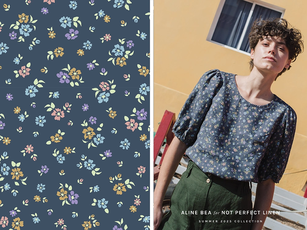 Model-wearing-the-Dusky-Florals-print-design-on-not-perfect-linen-blouse-summer-collection-2025