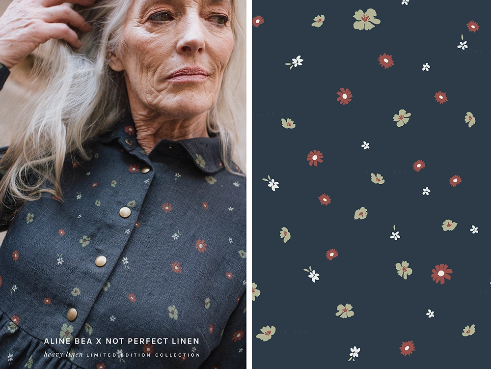 Model-wearing-the-Night-Garden-print-dress-from-the-Aline Bea-x-Not-Perfect-Linen-heavy-linen-collection.