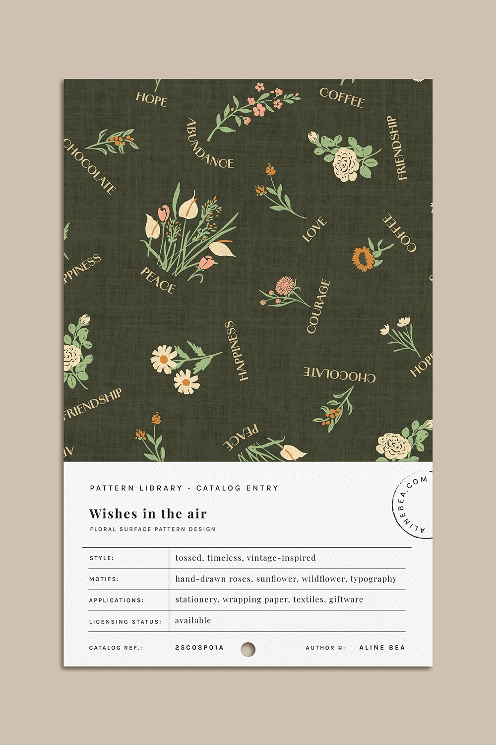 pattern-library-card-with-floral-design-and-log-information-by-AlineBea