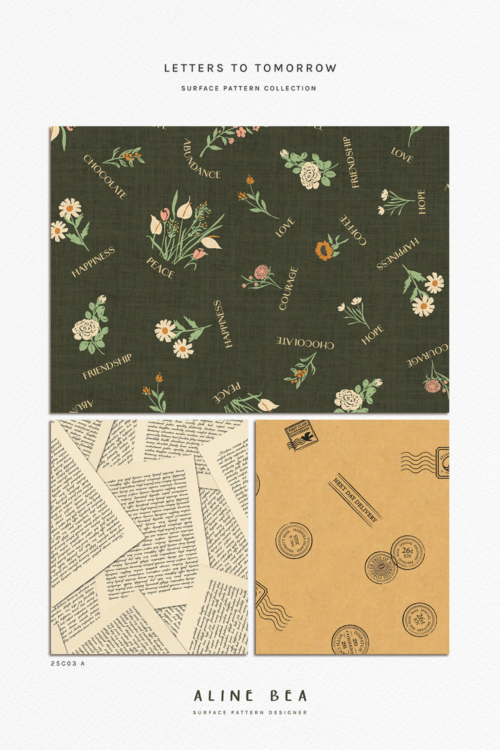 Set-of-three-designs-from-Letters-to-Tomorrow-pattern-collection-by-AlineBea-postal-theme-florals