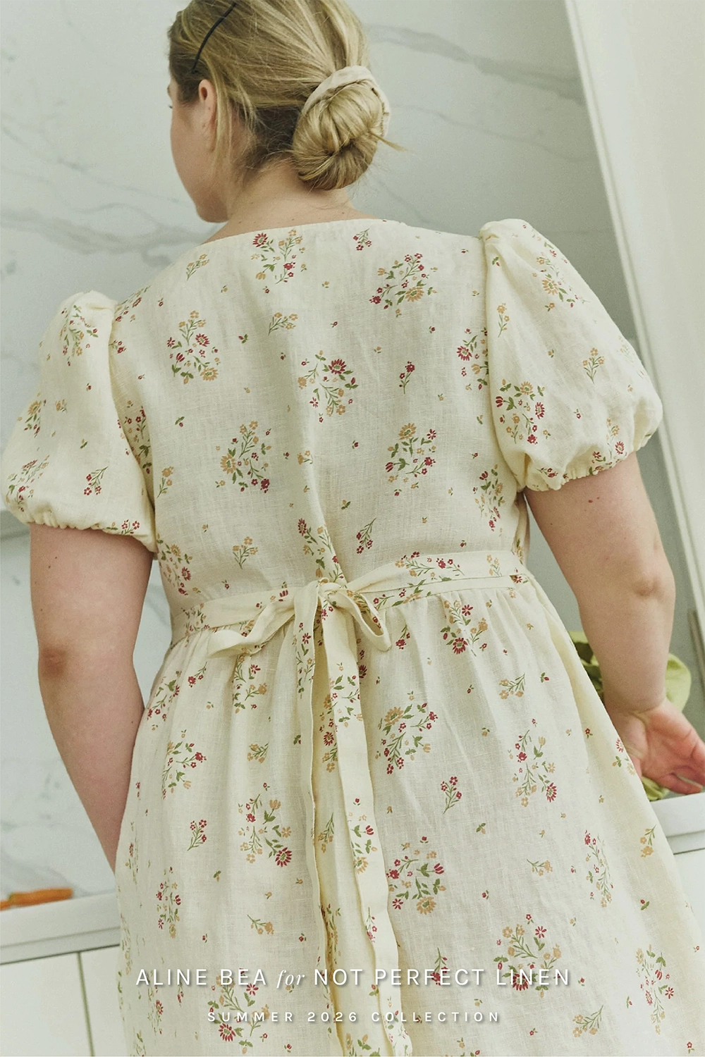 model-wearing-floral-pattern-design-by-AlineBea-on-Not_perfect_linen-dress
