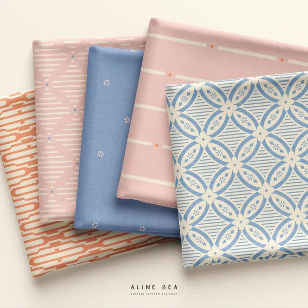 Geometric, minimalist floral, trellis and stripes fabric, The Soft Room pattern collection, pastel blue, pink and orange.