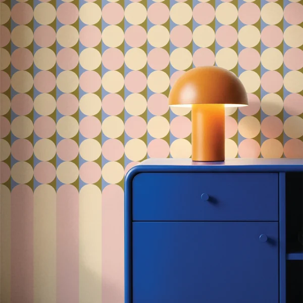 Retro geometric wallpaper with circle grid and arch stripe base in blush pink and cream, Happywall