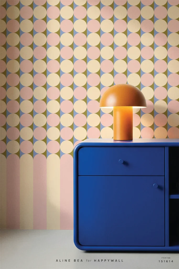 Retro geometric wallpaper with circle grid and arch stripe base in blush pink and cream, Happywall