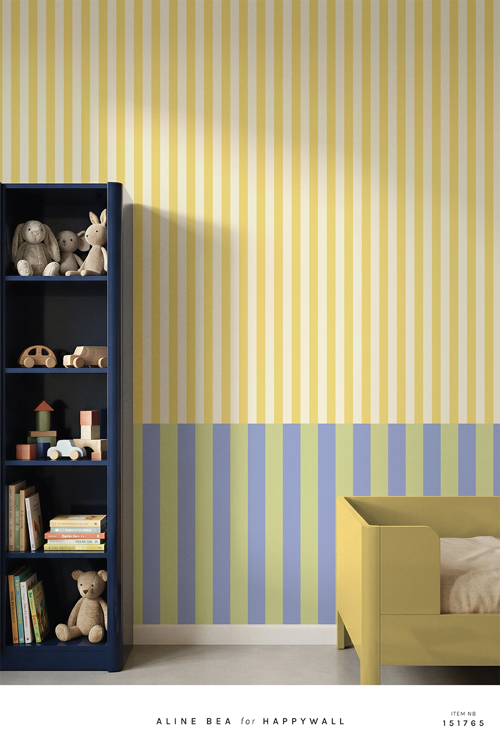 Geometric stripe wallpaper with horizontal color block base in yellow and blue, Happywall