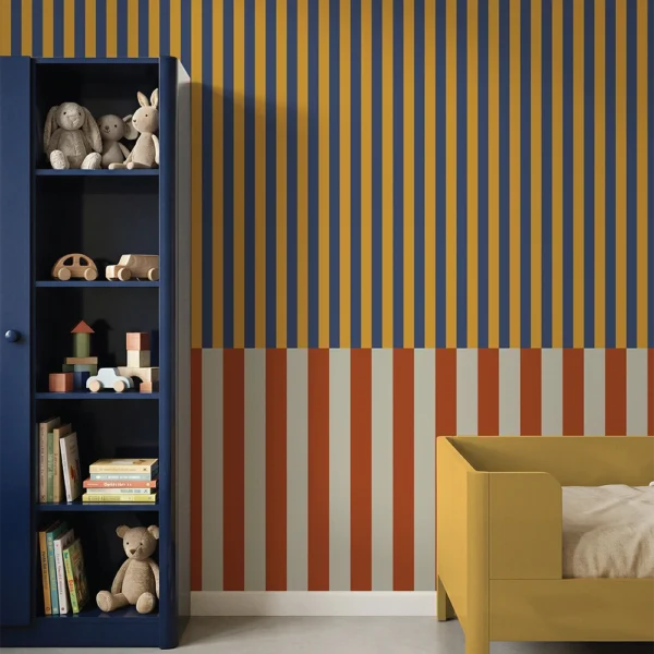 Geometric stripe wallpaper with horizontal color block base in circus-inspired aesthetic, red and blue, Happywall