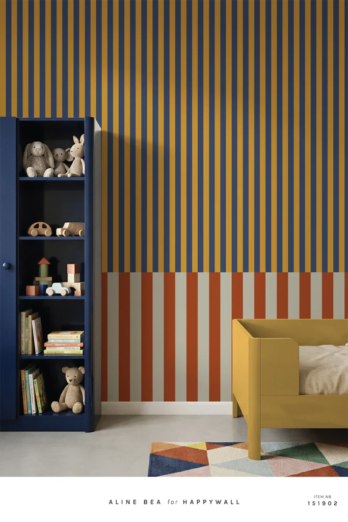 Geometric stripe wallpaper with horizontal color block base in circus-inspired aesthetic, red and blue, Happywall