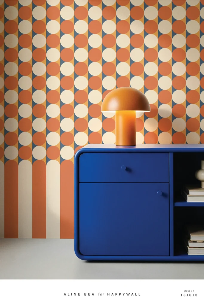 Retro geometric wallpaper with circle grid and arch stripe base in orange and cream, Happywall