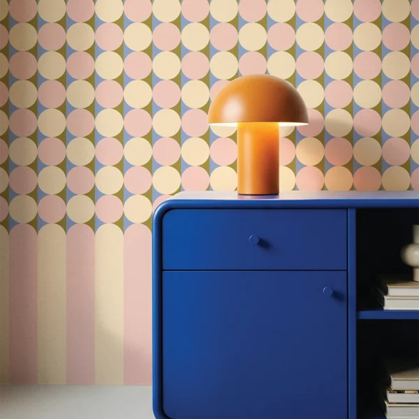 Retro geometric wallpaper with circle grid and arch stripe base in blush pink and cream, Happywall