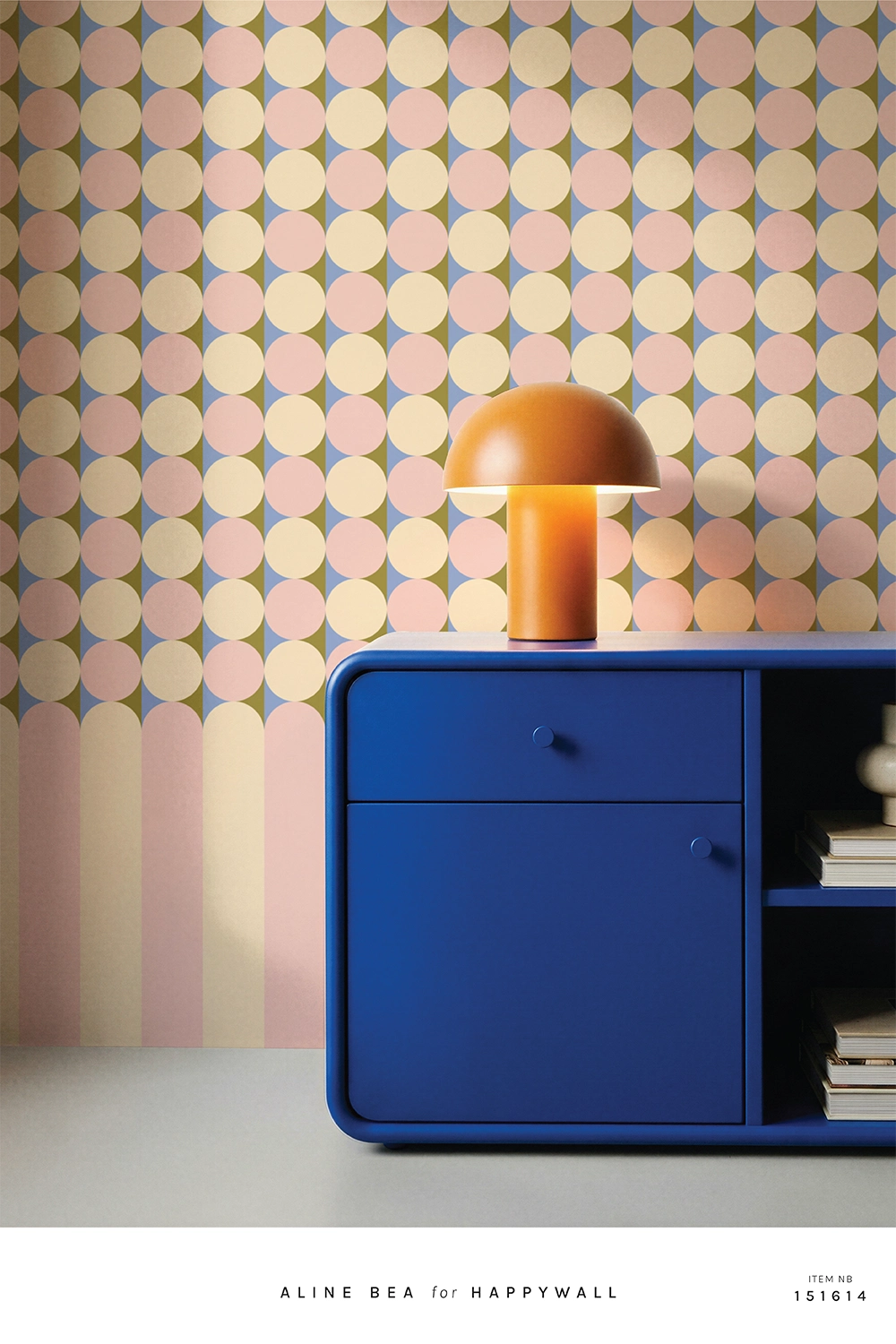 Retro geometric wallpaper with circle grid and arch stripe base in blush pink and cream, Happywall