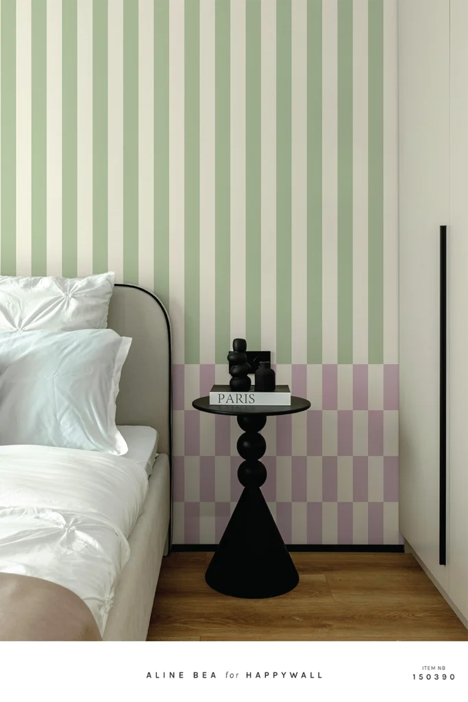 Geometric stripe and checker wallpaper in sage green and lavender, bedroom interior, Happywall