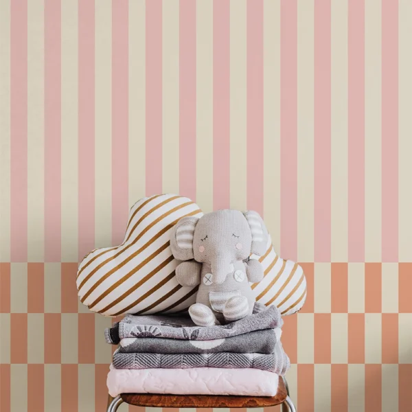 Geometric stripe and checker wallpaper in blush pink and orange, nursery interior, Happywall