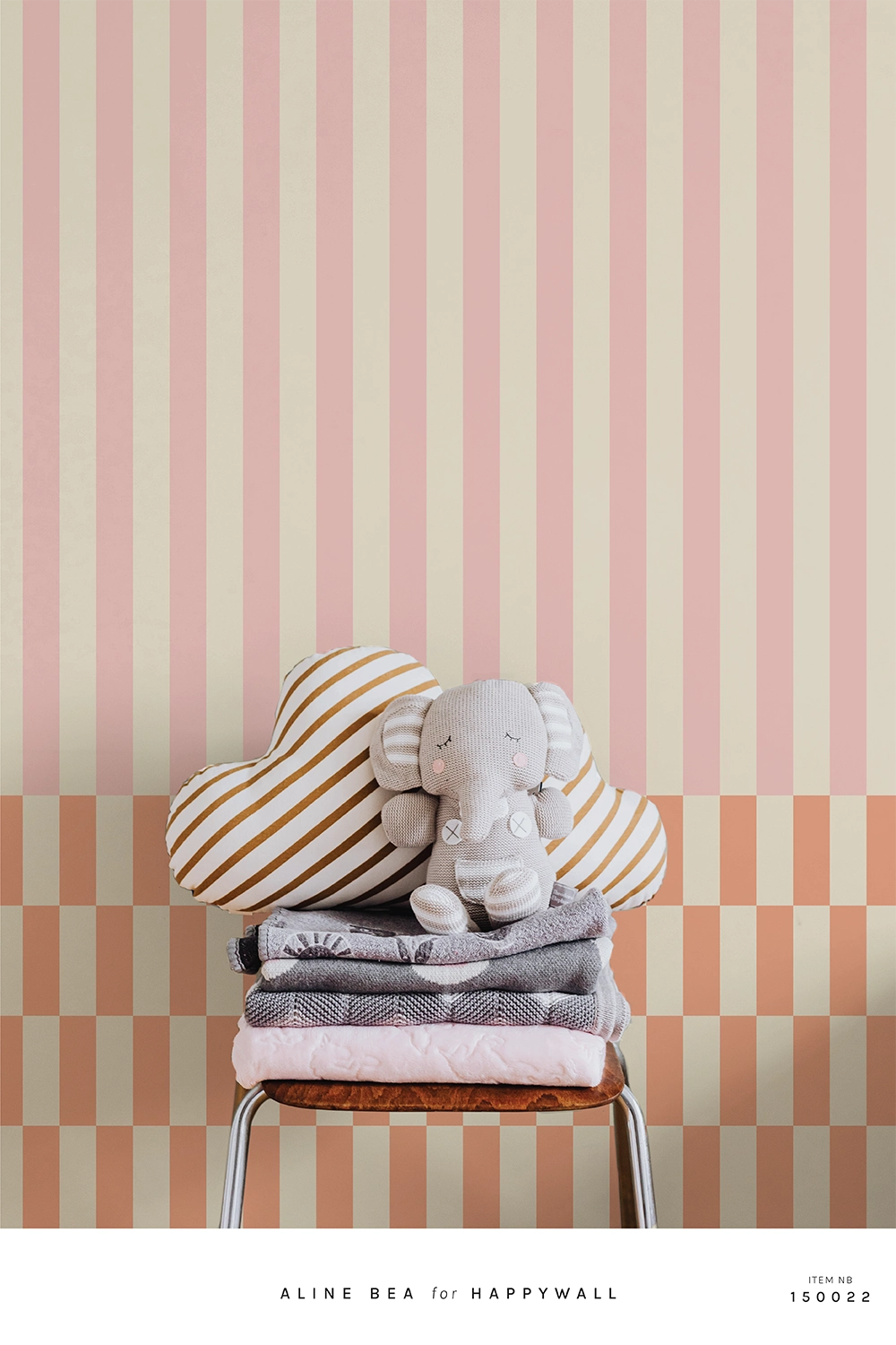 Geometric stripe and checker wallpaper in blush pink and orange, nursery interior, Happywall