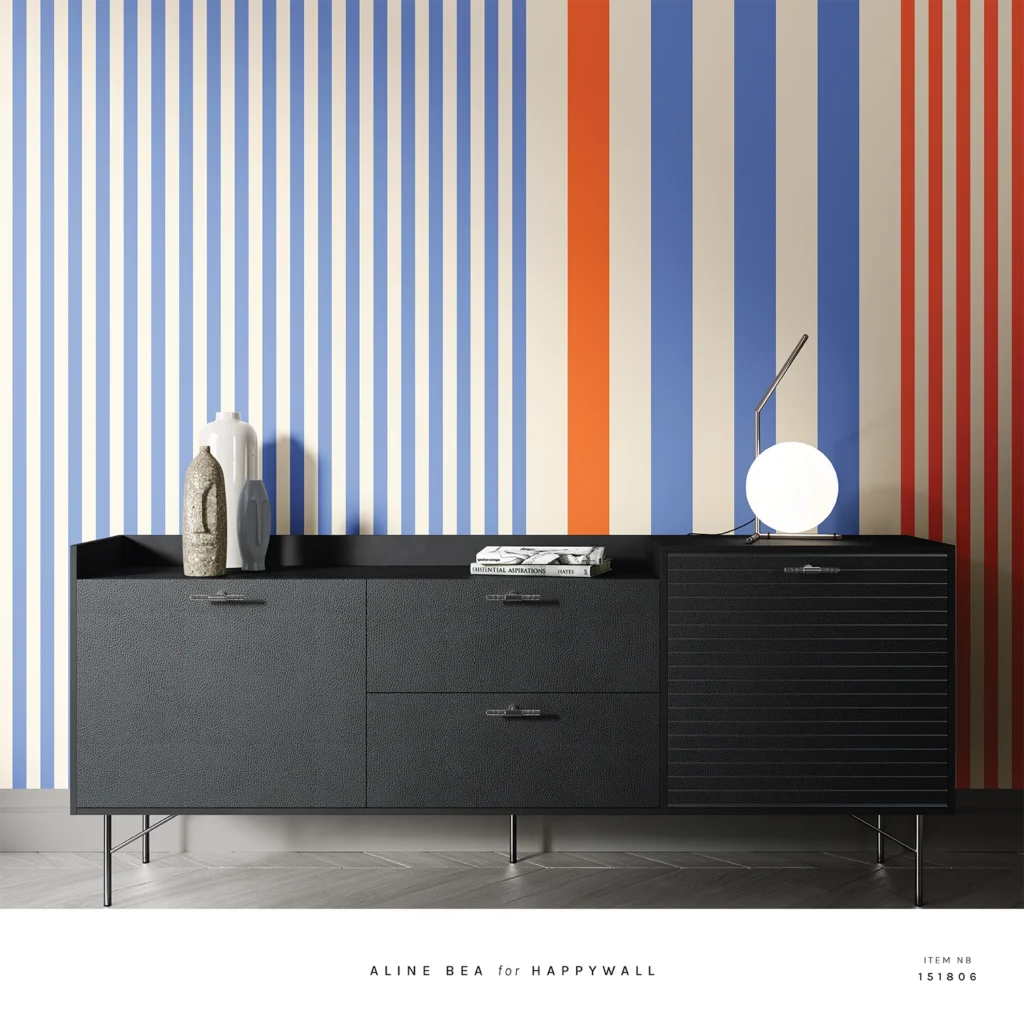 Bold multi-width stripe wallpaper in blue, red and orange, modern living room, Happywall