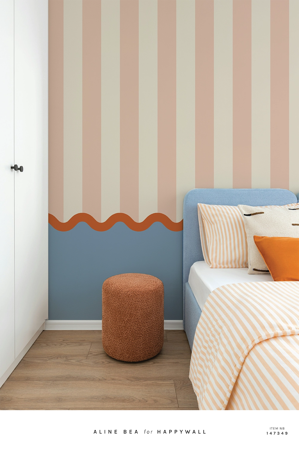Pink and blue stripe wallpaper with scallop border in a color-forward bedroom interior, Happywall