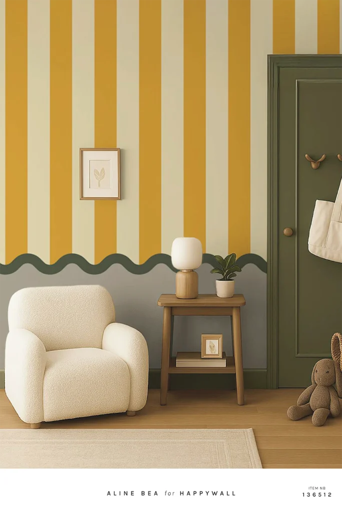 Yellow and green stripe wallpaper with scallop border in a color-forward nursery interior, Happywall
