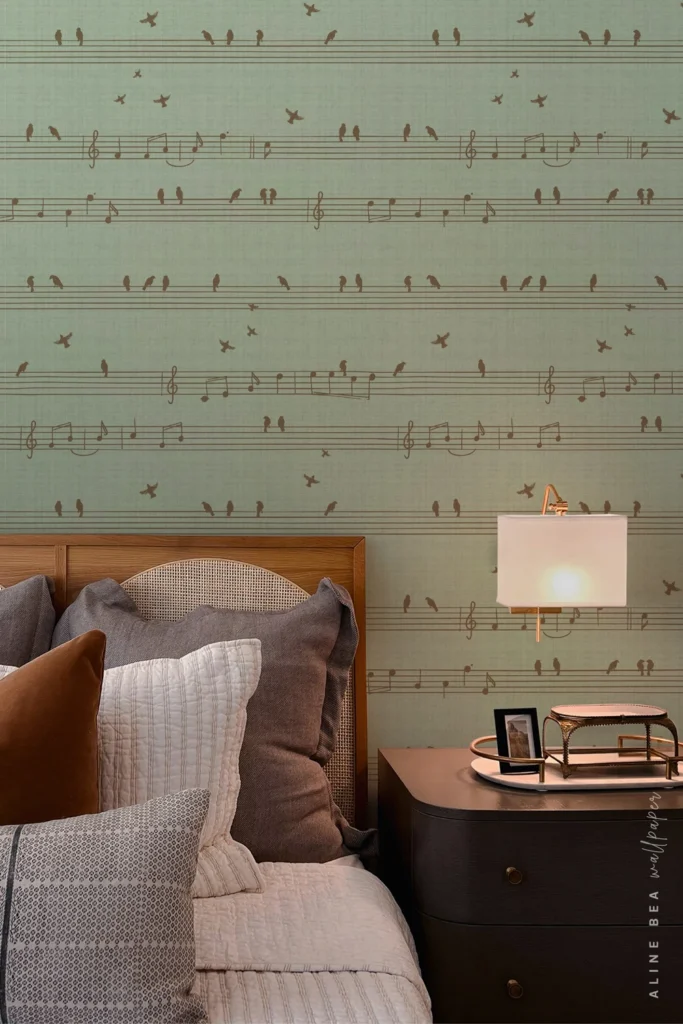 Sage green wallpaper with bronze birds perched on musical staff lines in a bedroom