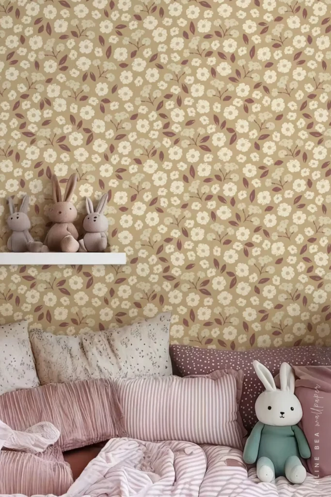 Mustard yellow floral wallpaper with cream blossoms and mauve leaves in a nursery