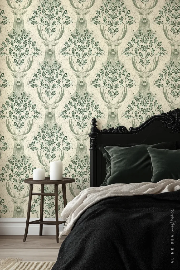 Cream wallpaper with sage green hand-drawn stag heads in a damask pattern in a bedroom