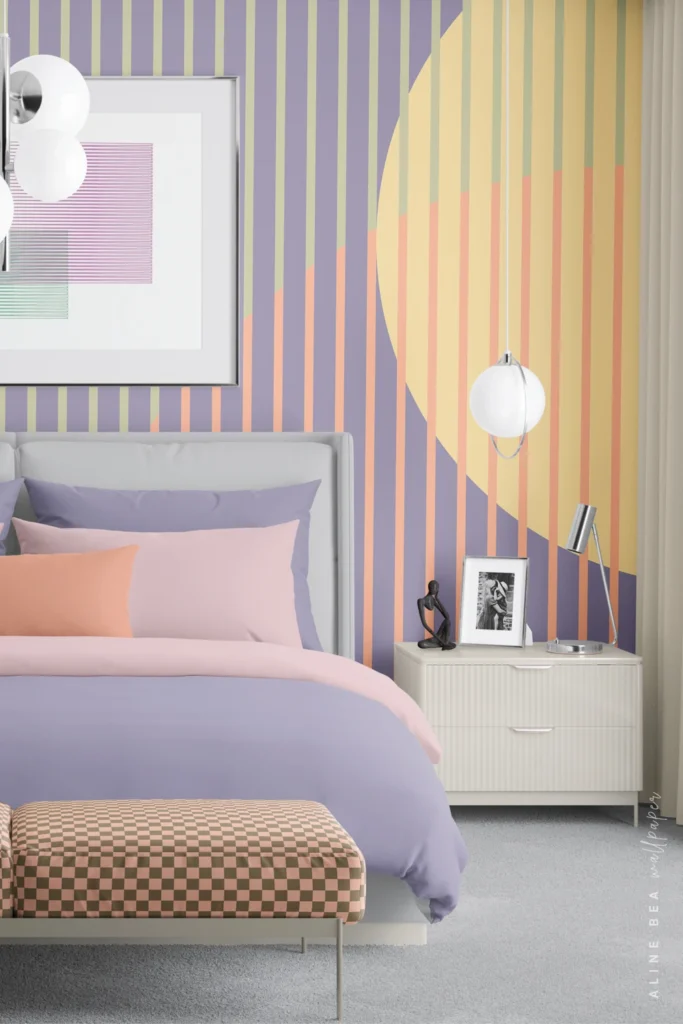 Pastel vertical stripe wallpaper with a large color-blocked arch shape in a teenager's bedroom