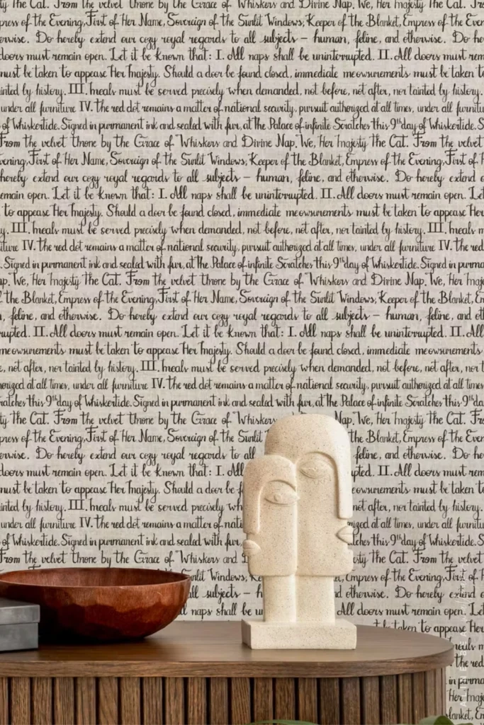 Cream wallpaper with handwritten script text about a cat's royal decree on a linen texture